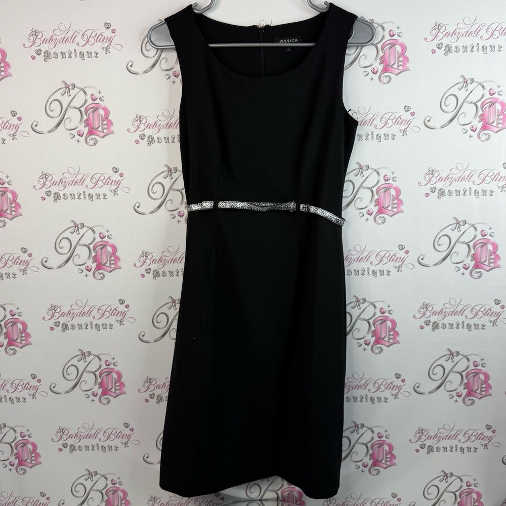 Jessica Dress Belted, Shiny Silver Classic Black Dress With Silver Accents